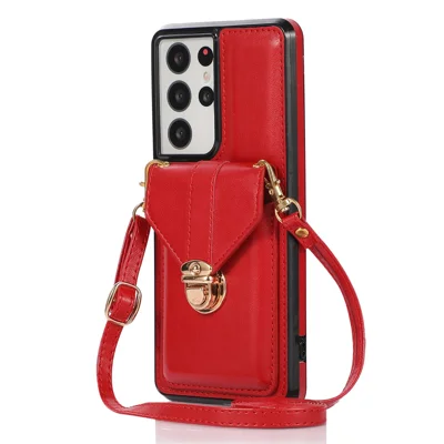 Phone Cover for Samsung Galaxy S22 Ultra 5G Card Holder Kickstand PU Leather+TPU Case with Shoulder Strap - Red