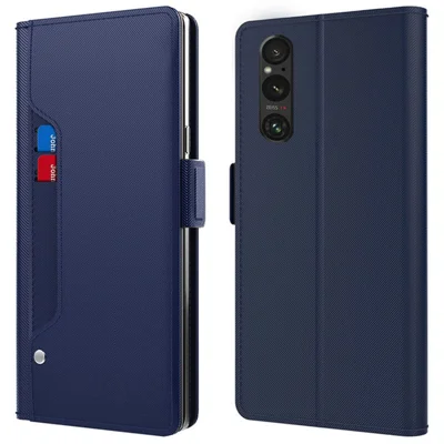 For Sony Xperia 1 V Shockproof Leather Case Mirror Design Stand Card Holder Phone Cover - Blue