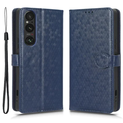Leather Case for Sony Xperia 1 V , Imprinted Dot Pattern Wallet Cell Phone  Stand Cover - Dark Blue
