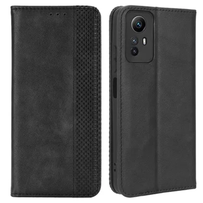 Capa de Couro com Fechamento Magnético para Xiaomi Redmi Note 12S 4G, Carteira de Pé Retro Capa de Telefone - Preto