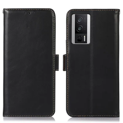 Capa de Couro Genuíno de Vaca para Xiaomi Poco F5 Pro 5G / Redmi K60 5G / K60 Pro 5G, Capa Carteira com Suporte e Bloqueio RFID - Preto