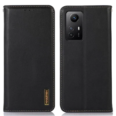 KHAZNEH For Xiaomi Redmi Note 12S 4G Genuine Cowhide Leather Phone Case RFID Blocking Wallet Stand Cover - Black