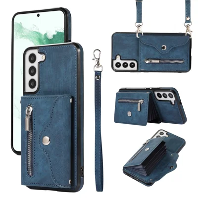 For Samsung Galaxy S21 FE 5G Smartphone Case Kickstand PU Leather+TPU Shell with RFID Blocking Card Bag - Blue