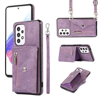 For Samsung Galaxy A53 5G Anti-Fingerprint Cover Kickstand PU Leather+TPU Cell Phone Case with RFID Blocking Card Bag - Purple