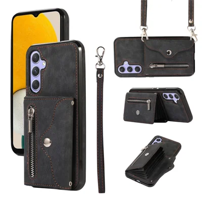 Smartphone Case for Samsung Galaxy A13 5G PU Leather+TPU Kickstand Shell with RFID Blocking Card Bag - Black