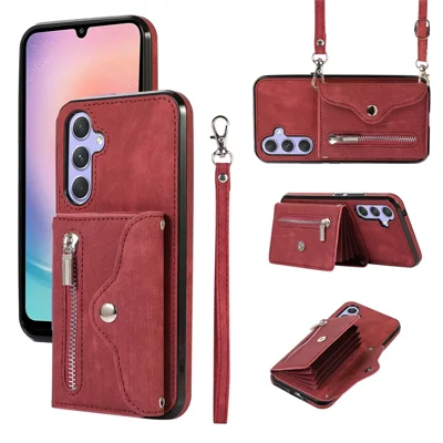 For Samsung Galaxy A24 4G (162.1 x 77.6 x 8.3mm) Wallet Design Phone Case RFID Blocking Card Bag Kickstand PU Leather+TPU Cover - Red