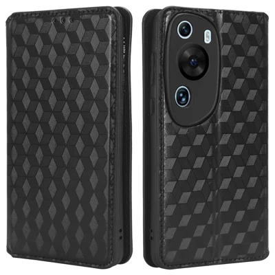 Phone Case for Huawei P60 Art Foldable Stand Wallet PU Leather Rhombus Imprinted Cover - Black