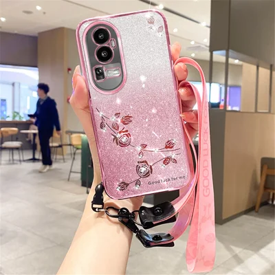 KADEM Para Oppo Reno10 Pro+ 5G Capa TPU Anti-Risco com Padrão Floral Brilhante Capa para Telemóvel com Ródio Gradiente - Dourado Rosa