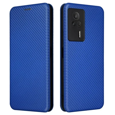 Carbon Fiber Texture Shell for Xiaomi Redmi K60E 5G Phone Case Stand Card Slot PU Leather Cover - Blue