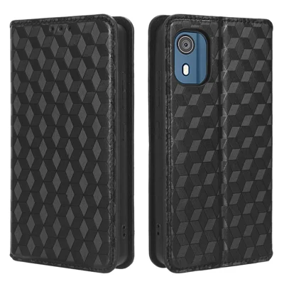 For Nokia C02 Phone Stand Shell Case Wallet PU Leather Rhombus Imprinted Anti-drop Phone Cover - Black