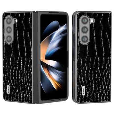 ABEEL For Samsung Galaxy Z Fold5 5G Cowhide Leather + PC Phone Case Crocodile Texture Slim Cover - Black