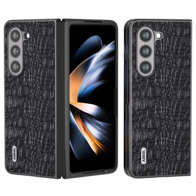 ABEEL For Samsung Galaxy Z Fold5 5G PC Phone Case Anti-Slip Genuine Cowhide Leather Coated Phone Cover - Black
