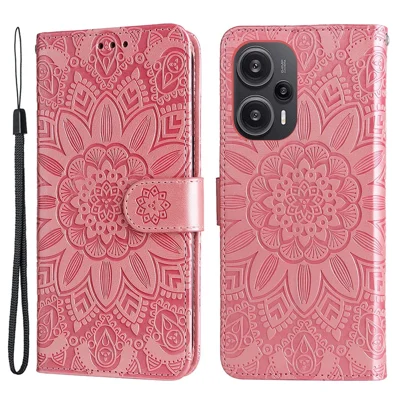 Für Xiaomi Redmi Note 12 Turbo / Poco F5 5G Handyhülle PU-Leder Geldbeutel mit geprägter Sonnenblume Telefonständer Cover - Pink