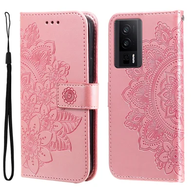 Чехол для Xiaomi Poco F5 Pro 5G / Redmi K60 Pro 5G / K60 5G с цветочным рисунком, из искусственной кожи с отделением для карт и подставкой - розовый