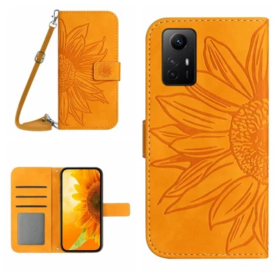 HT04 For Xiaomi Redmi Note 12S 4G Leather Stand Wallet Cover Sunflower Imprinted Phone Case with Shoulder Strap - Yellow