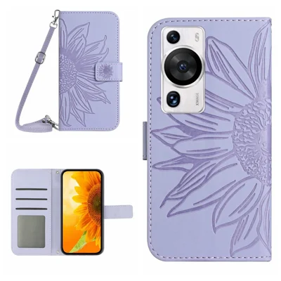 HT04 für Huawei P60 / P60 Pro Sonnenblumenprägung Handyhülle Leder Ständer Brieftasche mit Schultergurt - Hellviolett