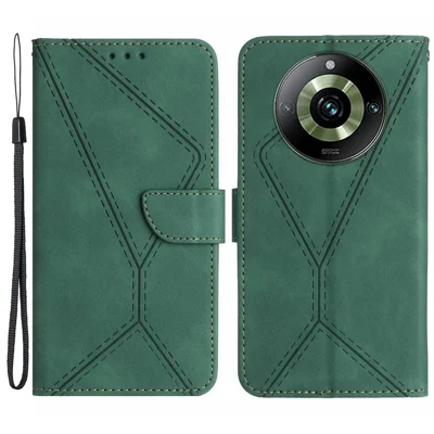 HT05 For Realme 11 Pro+ 5G / 11 Pro 5G Flip Leather Cover Skin-touch Feeling Imprinted Line Phone Case Stand Wallet - Green