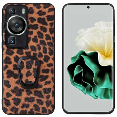 For Huawei P60 Pro Fall Proof Phone Case Textured PU Leather Coated TPU+PC Cover with Kickstand - Leopard