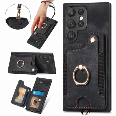 For Samsung Galaxy S23 Ultra PU Leather+PC+TPU RFID Blocking Case Card Slot Kickstand Phone Cover - Black