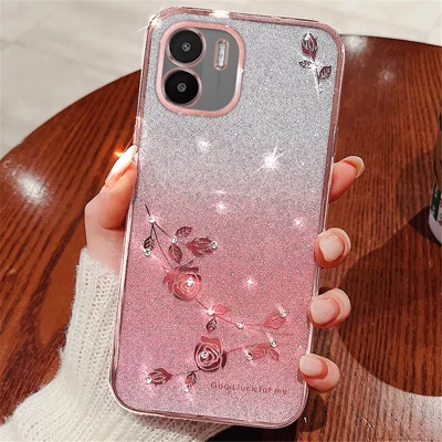 KADEM Für Xiaomi Redmi A1 4G / A2 4G TPU-Handyhülle Blumen Strass Verlaufsglitzer Sturzschutzhülle - Roségold