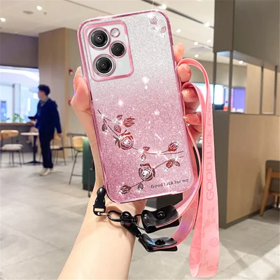 KADEM For Xiaomi Poco X5 Pro 5G / Redmi Note 12 Pro Speed 5G Glitter Rhinestone Gradient TPU Phone Case Cover with Strap - Rose Gold