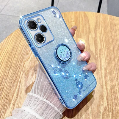 KADEM For Xiaomi Poco X5 Pro 5G / Note 12 Pro Speed 5G Shockproof Case Rhinestone Flower Kickstand TPU Phone Cover - Blue
