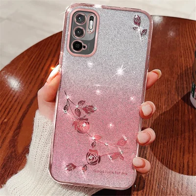 KADEM Back Case for Xiaomi Redmi Note 10 5G / 10T 5G / 11SE 5G / Poco M3 Pro 4G / 5G Gradient Glitter Flower Rhinestone TPU Phone Cover - Rose Gold