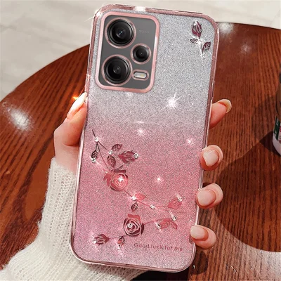 KADEM TPU Case for Xiaomi Redmi Note 12 Pro 5G / 12 Pro+ 5G Flower Rhinestone Gradient Glitter Phone Cover - Rose Gold