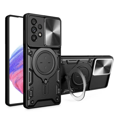 Shockproof Case for Samsung Galaxy A33 5G Kickstand Protective Case TPU PC Phone Shell with Slide Lens Lid - Black
