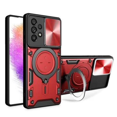 Shockproof Case for Samsung Galaxy A73 5G Anti-Drop Kickstand Cover TPU PC Phone Shell with Slide Lens Lid - Red