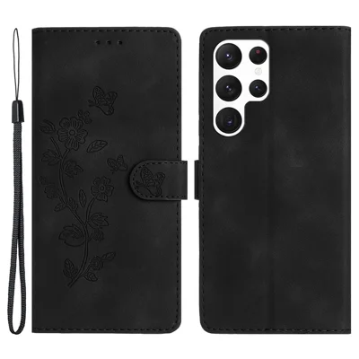 For Samsung Galaxy S22 Ultra 5G Leather Drop-proof Phone Case Flower Imprint Wallet Stand Cover - Black