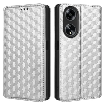 For Oppo A98 5G / F23 5G / A1 5G PU Leather Stand Case Rhombus Imprinted Phone Stand Cover - Silver
