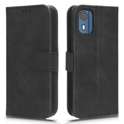 For Nokia C02 Skin-touch PU Leather Case Wallet Stand Protective Phone Cover - Black