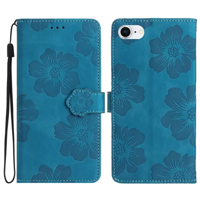 For iPhone 6 / 6s / 7 / 8 / SE (2020) / SE (2022) Flower Imprinted PU Leather Phone Case Wallet Stand Anti-drop Cover - Blue