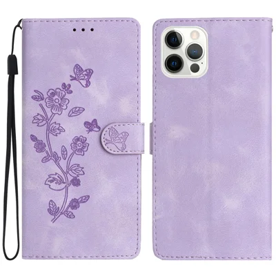 For iPhone 14 Pro Full Protection Leather Case Flower Imprint Wallet Stand Phone Cover - Purple