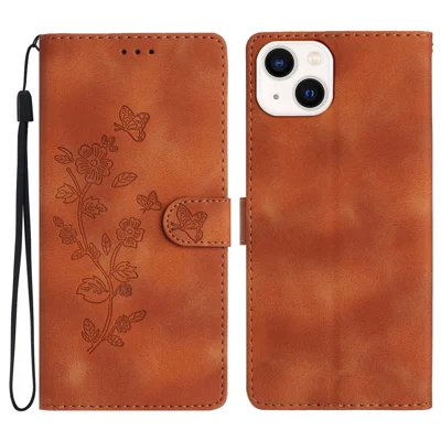 Lederhülle mit Ständer für iPhone 14 Plus, Blumenprägung, Schutzhülle - Braun