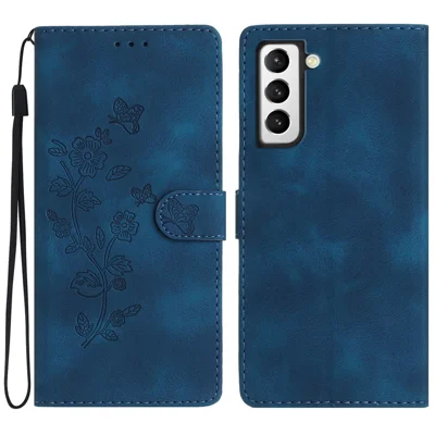 For Samsung Galaxy S21 4G / 5G Flower Imprint PU Leather Case Wallet Stand Protective Phone Cover - Blue
