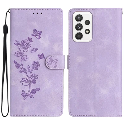 For Samsung Galaxy A32 5G / M32 5G Full Protection Leather Phone Case Flower Imprint Wallet Stand Cover - Purple