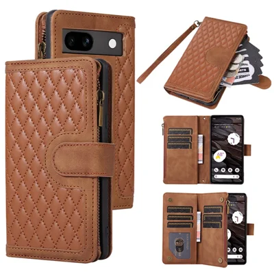 For Google Pixel 7a Rhombus Imprint Zipper Pocket Wallet Stand Phone Case Leather Card Holder Shell - Brown