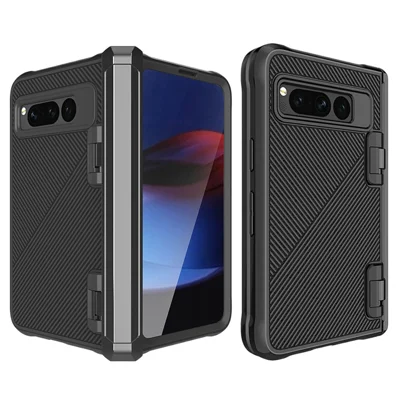 For Google Pixel Fold PC+TPU Non-Slip Phone Case Hinge Protection Shockproof Cover with Tempered Glass Film - Black