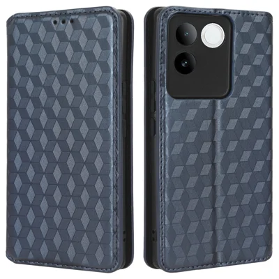 For vivo S17e 5G PU Leather Stand Case Shockproof Rhombus Imprinted Phone Cover - Blue