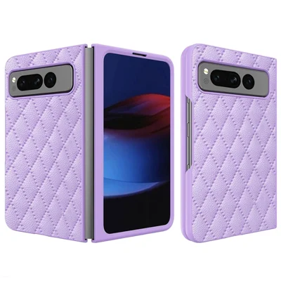 For Google Pixel Fold PU Leather+PC Phone Case Rhombus Texture Imprinted Hinge Protection Cover - Purple