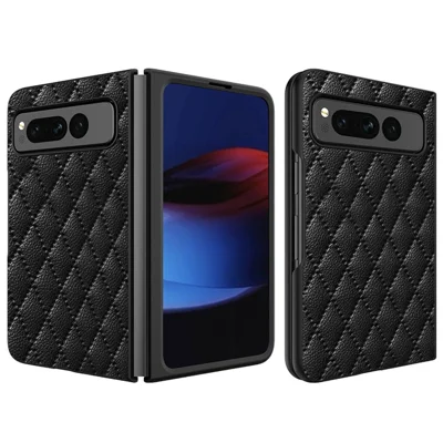 For Google Pixel Fold PU Leather+PC Phone Case Rhombus Texture Imprinted Hinge Protection Cover - Black