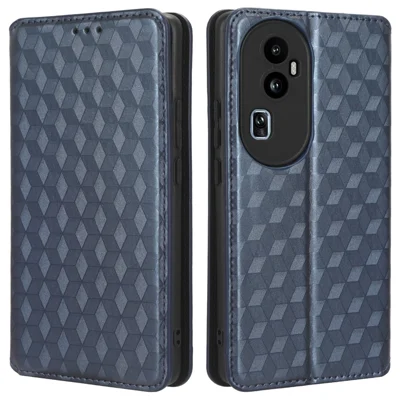 Para Oppo Reno10 Pro+ 5G Capa de telefone dobrável de couro PU à prova de choque com estampagem de losango - Azul