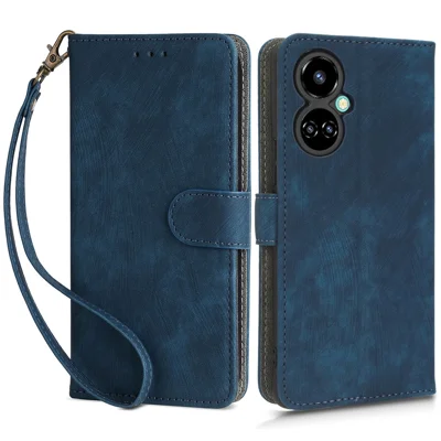 Stand Case for TECNO Camon 19 4G CI6n RFID Blocking PU Leather Phone Wallet Cover with Strap - Blue