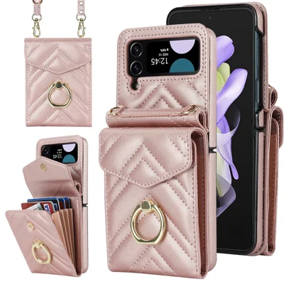 ZD 011 Card Bag Phone Case for Samsung Galaxy Z Flip3 5G, Ring Kickstand RFID Blocking Leather+PC Cover - Rose Gold