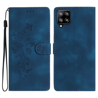 Leren mobieltjeshoes voor Samsung Galaxy M32 (wereldwijde versie) 4G met afgedrukte bloemen, portemonnee met standaardhouder - Blauw