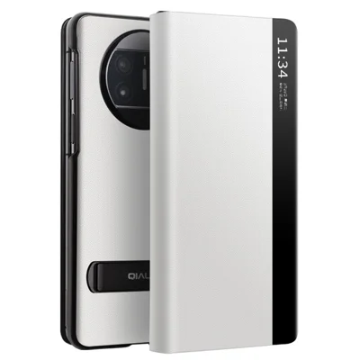 QIALINO For Huawei Mate X3 5G Genuine Cow Leather Kickstand Case Magnetic Auto Wake / Sleep Shockproof Phone Cover - White