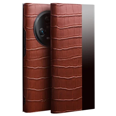 QIALINO Anti-Drop Phone Case for Honor Magic5 Shockproof Cover Crocodile Texture Genuine Cow Leather Phone Shell - Brown