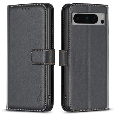 BINFEN COLOR BF17 For Google Pixel 8 Pro TPU+PU Leather Cover Wallet Magnetic Cell Phone Stand Case - Black